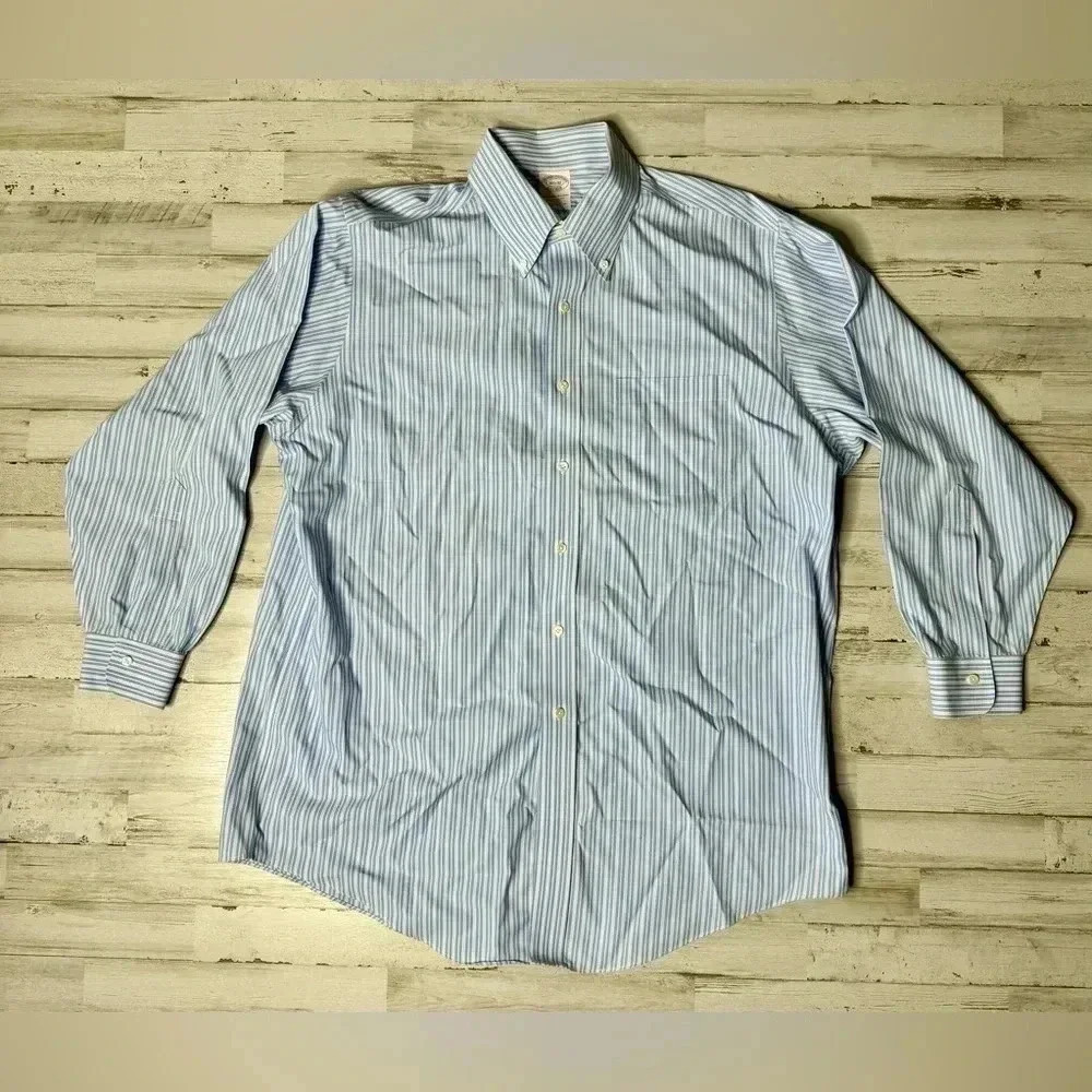 Brooks Brothers Blue Vertical Striped Shirt Mens 16.5 32 Button Up Long Sleeve